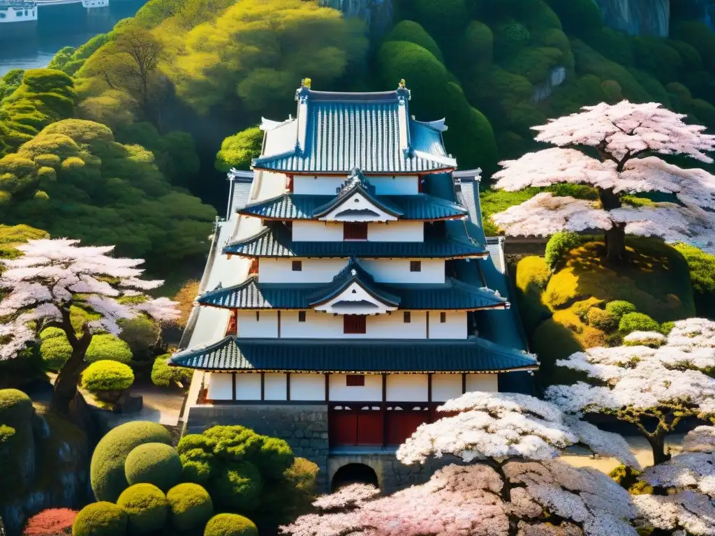 Castillo de Himeji: majestuosa fortaleza japonesa en flor Un majestuoso castillo japonés en Himeji rodeado de cerezos en flor