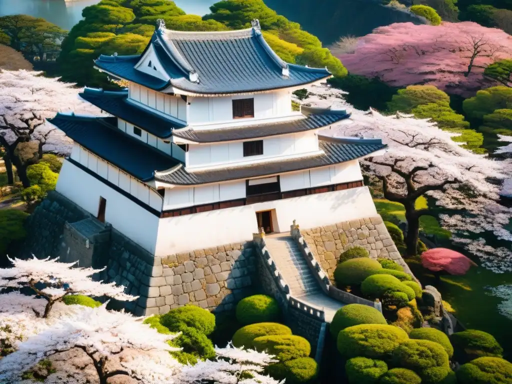 Castillo de Himeji: Majestuosa fortaleza japonesa entre cerezos Majestuoso castillo japonés rodeado de sakuras en flor