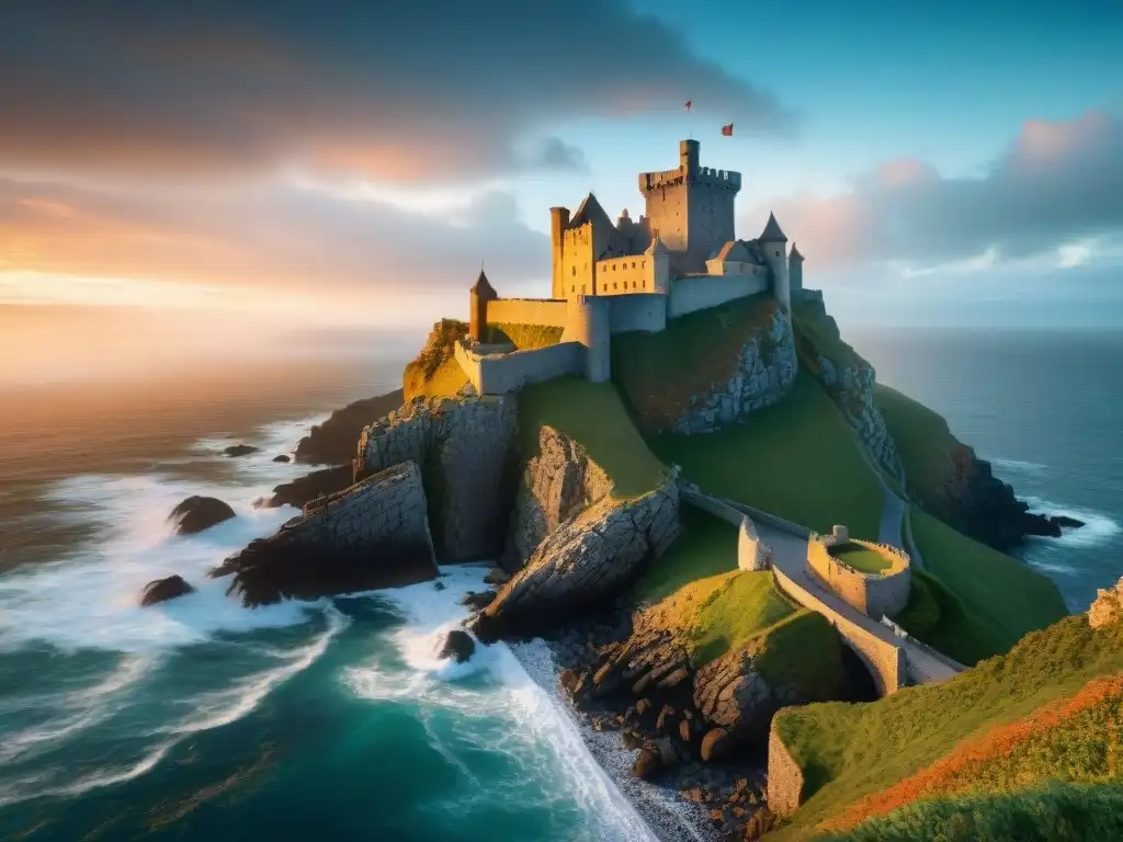 Castillo medieval en acantilado: impacto del cambio climático Majestuoso castillo medieval en acantilado costero con olas y atardecer dramático