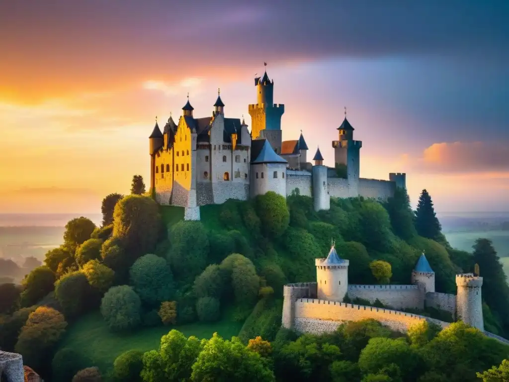 Castillo medieval al atardecer: majestuosidad histórica Majestuoso castillo medieval en atardecer vibrante, piedra y vegetación