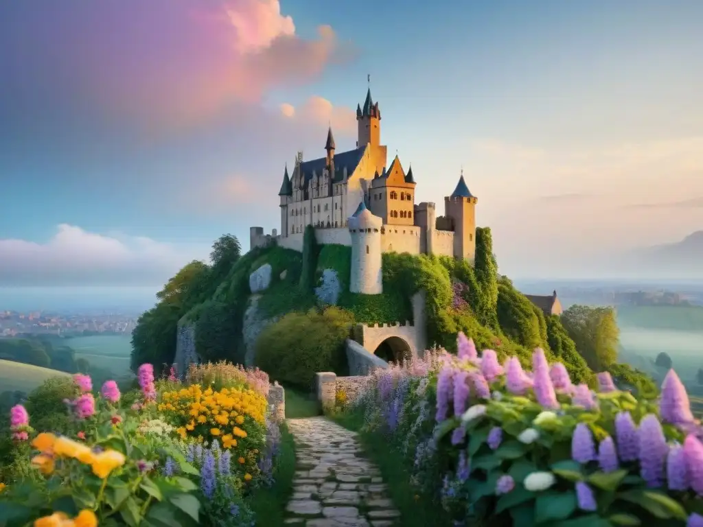 Castillo medieval rodeado de jardín de flores vibrantes Jardín de flores silvestres rodeando un majestuoso castillo medieval, en un encantador paisaje de colores vibrantes