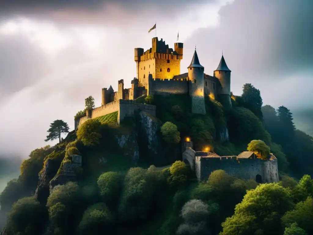 Castillo medieval en la niebla: misterio y suspense Majestuoso castillo medieval envuelto en misterio y suspense, iluminado por relámpagos en un bosque tenebroso
