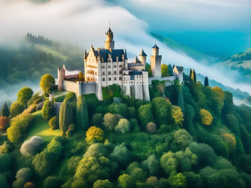 Castillo medieval: historia y teambuilding en un entorno majestuoso Un majestuoso castillo medieval rodeado de exuberante vegetación, con empleados en actividades de teambuilding
