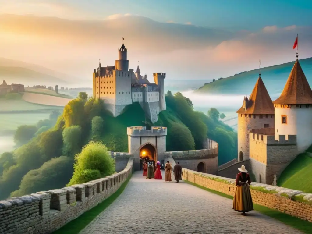 Un majestuoso castillo medieval rodeado de un foso brillante al atardecer, reflejando la preservación castillos decisiones gubernamentales