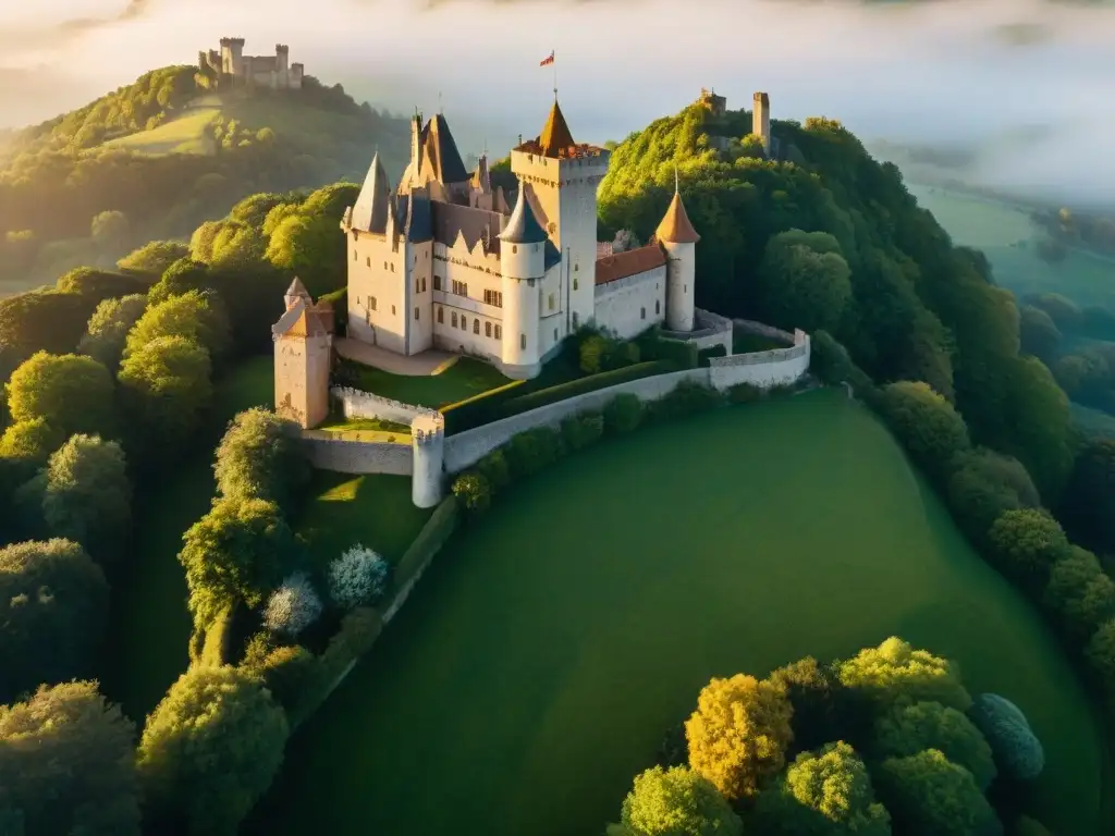 Castillo medieval: esplendor histórico entre la naturaleza Un majestuoso castillo medieval rodeado de exuberante vegetación, bañado en luz dorada