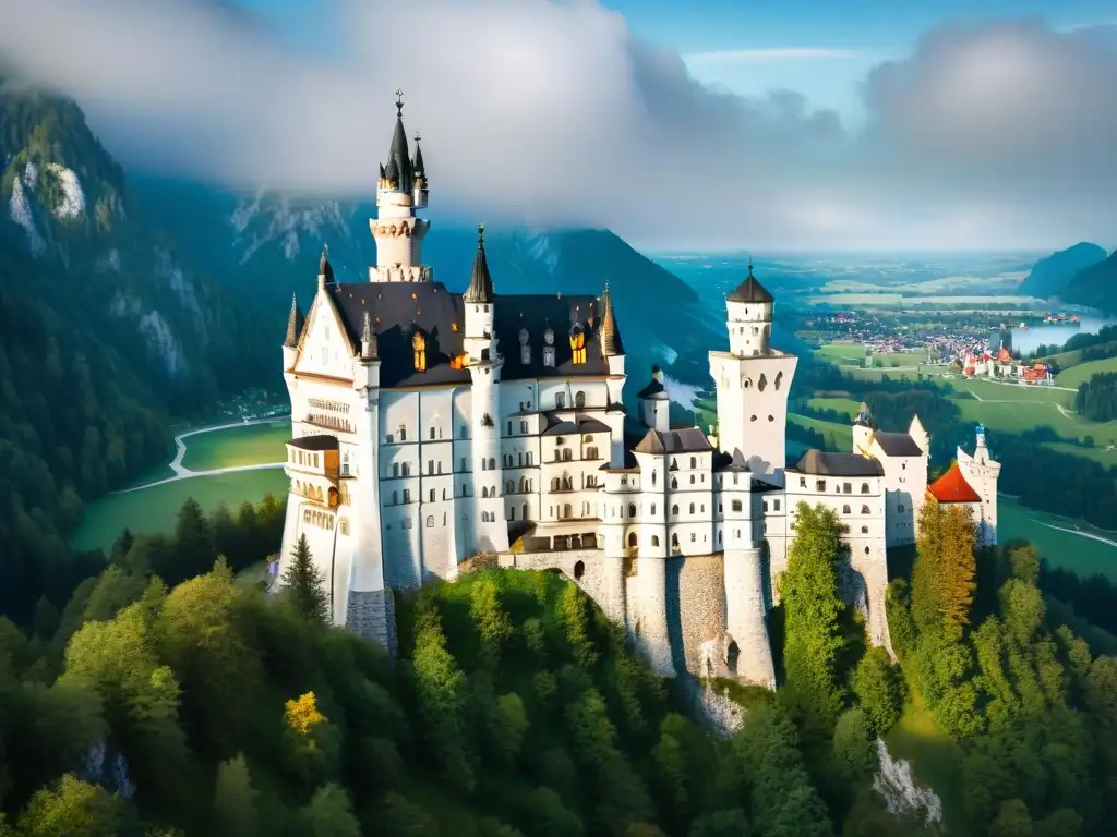 Neuschwanstein Castle: Detalles y misterio en alta definición Majestuoso Castillo Neuschwanstein: misterios arquitectónicos entre torres, balcones y exuberante paisaje