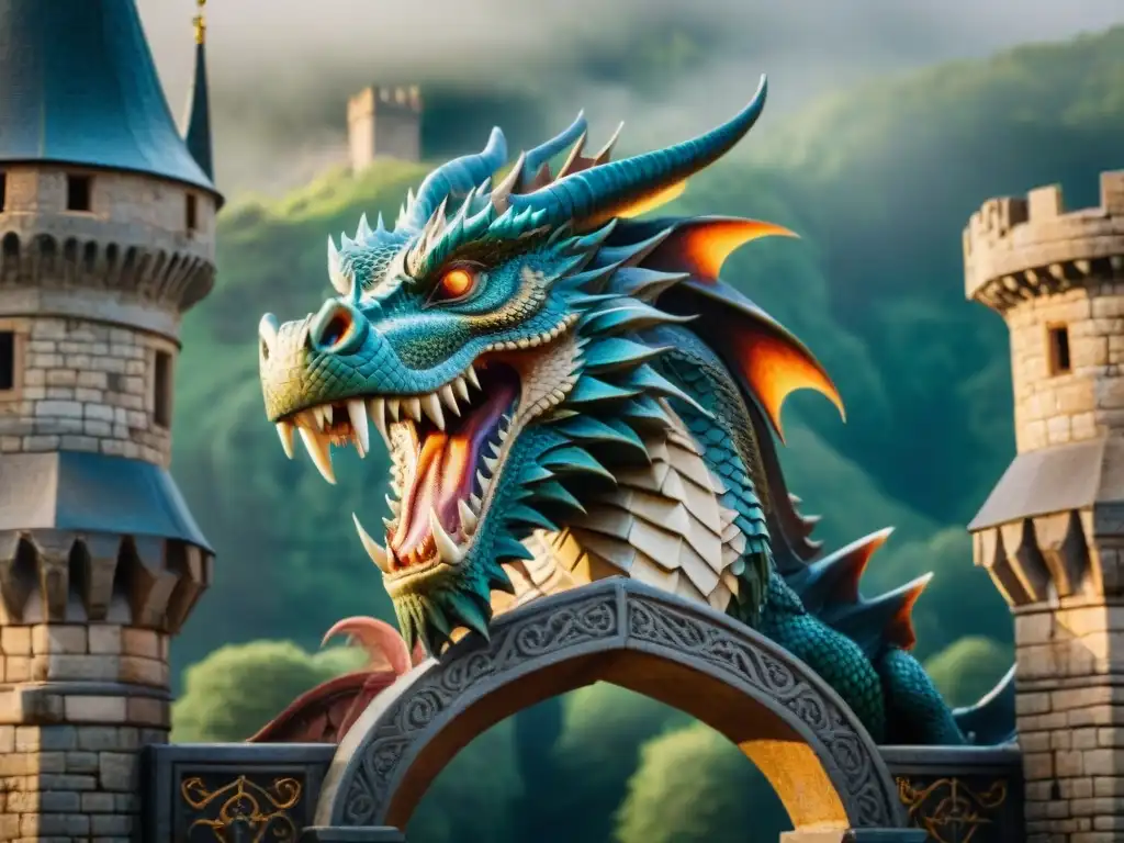 Un majestuoso dragón esculpido en piedra en la entrada de un castillo medieval, reflejando protección y fuerza