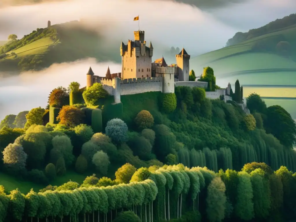 Castillo medieval misterioso bañado por la luz dorada del atardecer Un majestuoso y enigmático castillo medieval bañado por la luz dorada del atardecer
