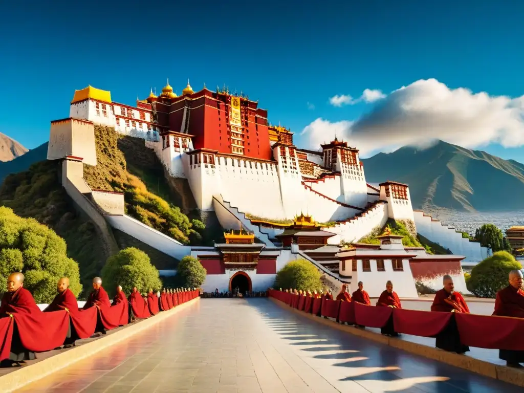 Potala Palace en Tibet: Majestuosidad y cultura en detalle El majestuoso Palacio de Potala en Tibet, con detalles arquitectónicos impresionantes y monjes, uno de los castillos más impresionantes de Asia
