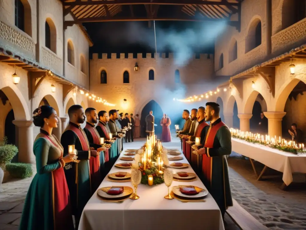 Esplendor medieval: banquete de Año Nuevo en castillo iluminado Un majestuoso patio de castillo medieval iluminado por cientos de velas, creando sombras en las antiguas paredes de piedra