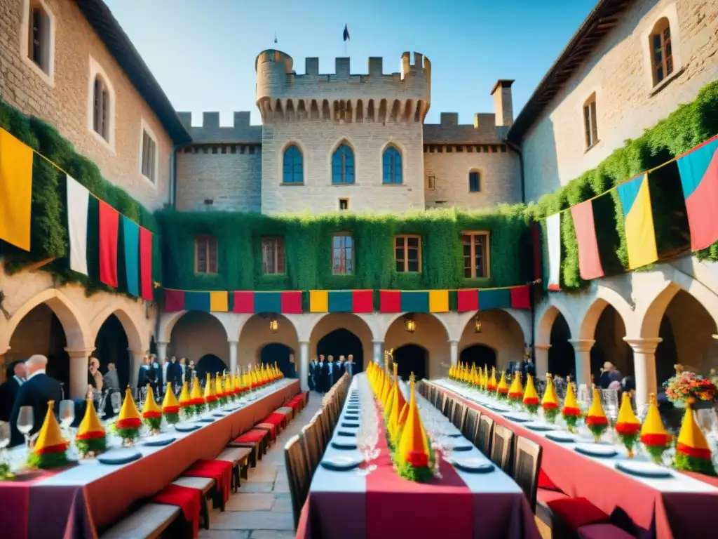 Boda medieval en un castillo: banquete, música y diversión Un majestuoso patio de castillo medieval con entretenimiento y banquete de bodas en un ambiente encantador y medieval