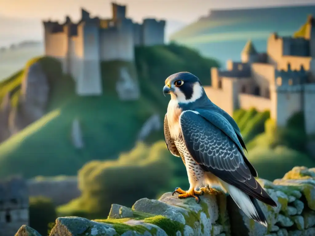 Un majestuoso Halcón Peregrino posado en una antigua muralla de castillo, sus garras aferradas a la piedra, mirando al horizonte