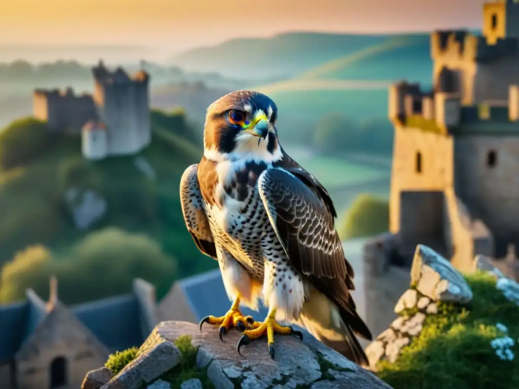 Un majestuoso halcón posado en una antigua muralla de castillo al atardecer