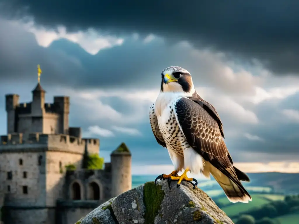 Un majestuoso halcón en ruinas de castillos, mirada vigilante al horizonte, bajo un cielo dramático