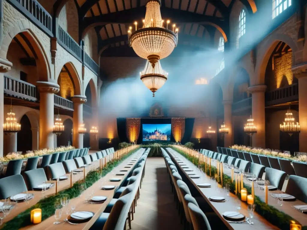 Salón medieval de castillo con tecnología de vanguardia Un majestuoso salón de un castillo medieval con tecnología moderna para eventos corporativos