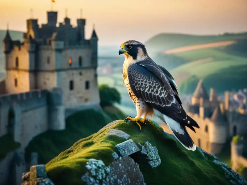 Un majestuoso halcón en una torre de castillo, con el sol cayendo sobre ruinas antiguas