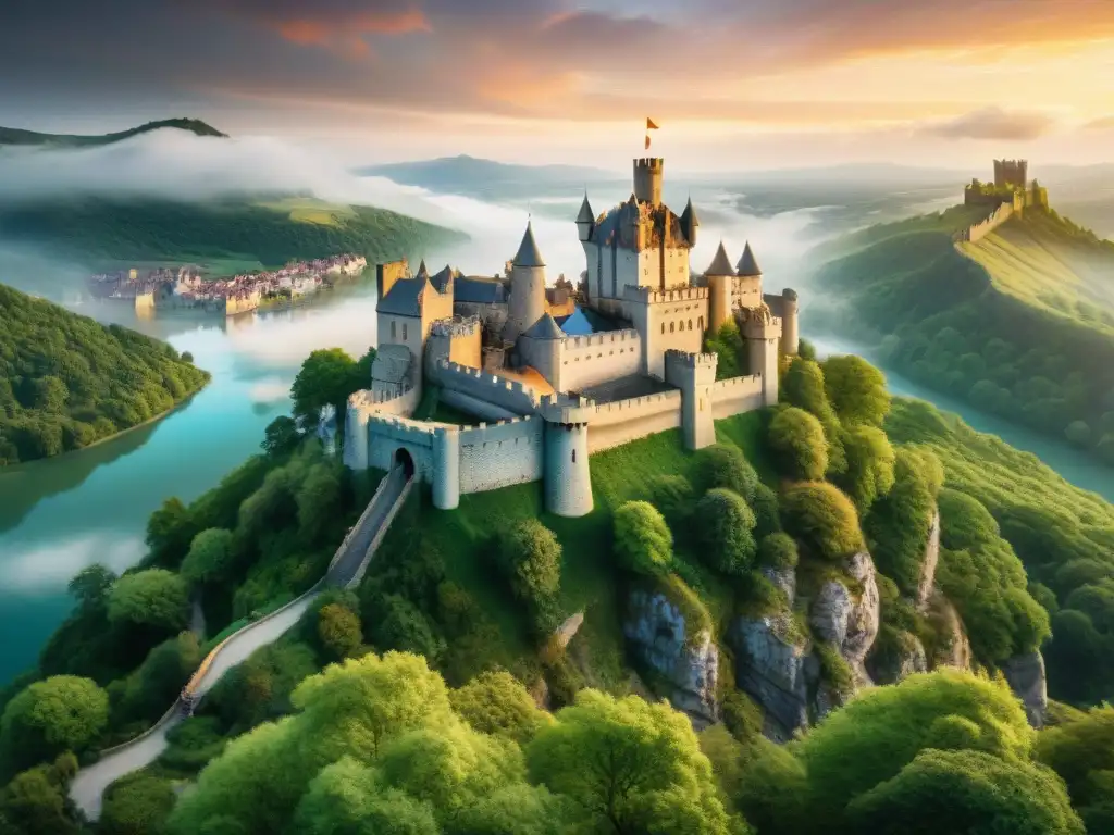 Dos majestuosos dragones entrelazados con un castillo medieval en un acantilado, rodeado de bosques verdes y un río sereno al atardecer