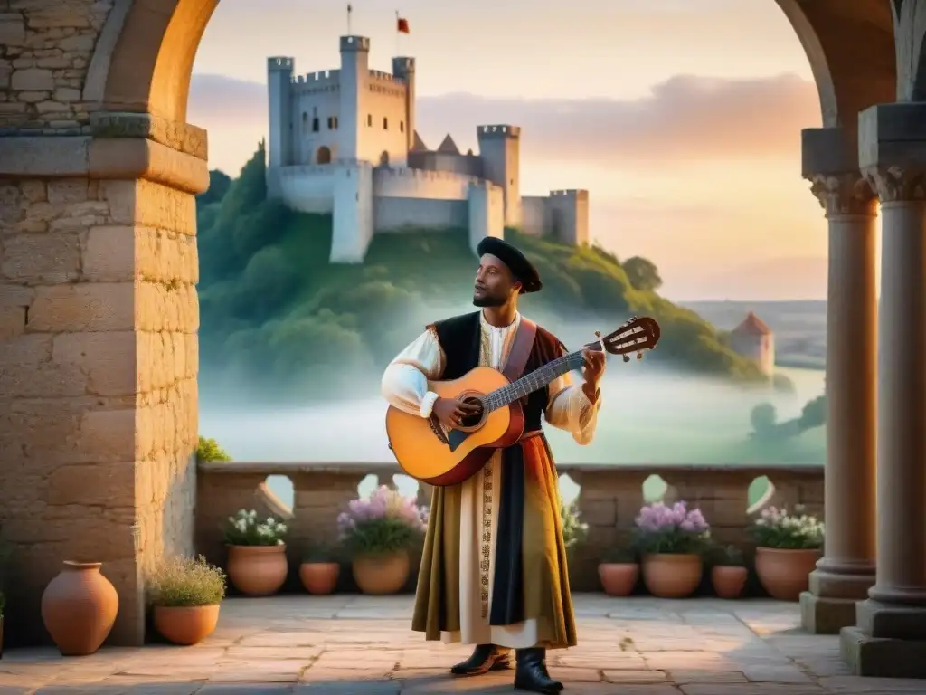 Ministril medieval tocando laúd en el castillo al atardecer Un ministril medieval tocando el laúd en un castillo, rodeado de invitados, bajo un atardecer encantador