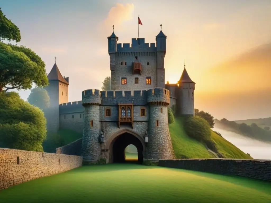 Castillo medieval en paisaje verde, turrets y atardecer dorado Fantasía medieval: Castillo majestuoso sobre paisajes verdes con torres y puente levadizo al atardecer