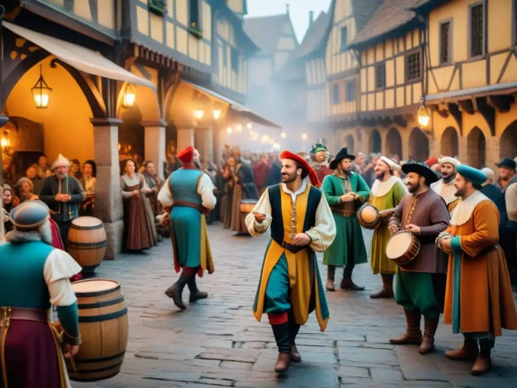 Mercado medieval: Jestas y cuentacuentos animan la multitud Un mercado medieval bullicioso con juglares y cuentacuentos entreteniendo a la multitud