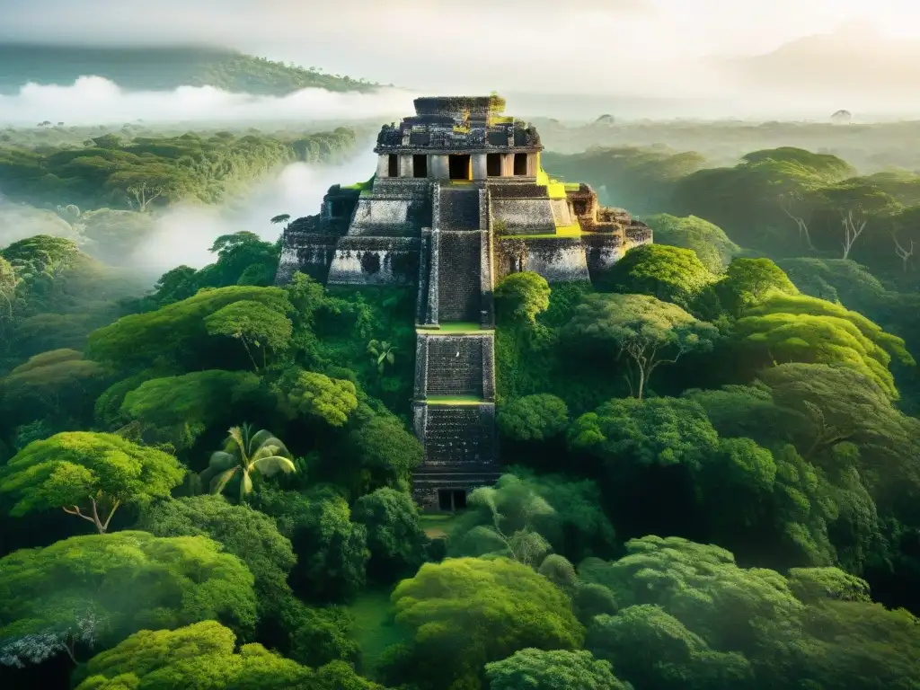 Misteriosa jungla maya al amanecer El misterio de los castillos mayas se revela entre la exuberante jungla al amanecer