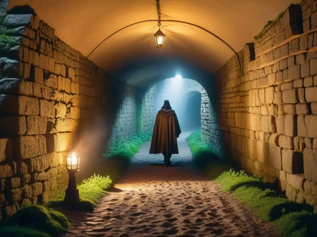 Misterioso pasadizo subterráneo en castillo medieval Explora los misterios de un antiguo castillo: pasadizos oscuros, antorchas titilantes y una figura misteriosa