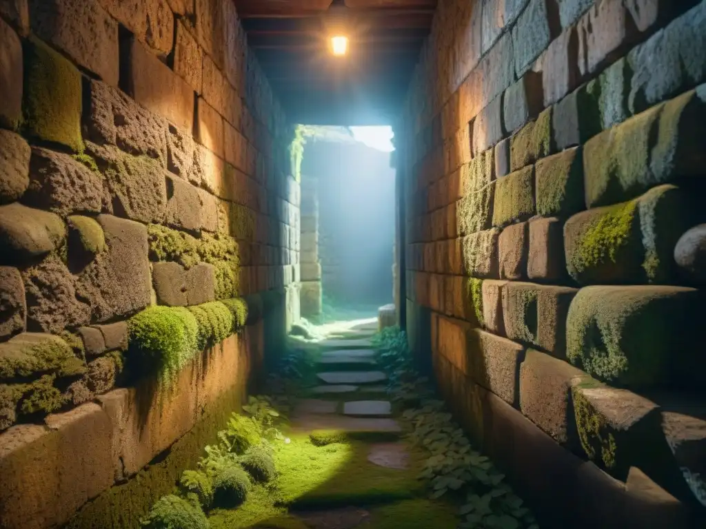 Corredor misterioso en castillo antiguo: detalle ultrarrealista Explora los misterios de un castillo antiguo en este pasaje oscuro y misterioso iluminado por una antorcha titilante