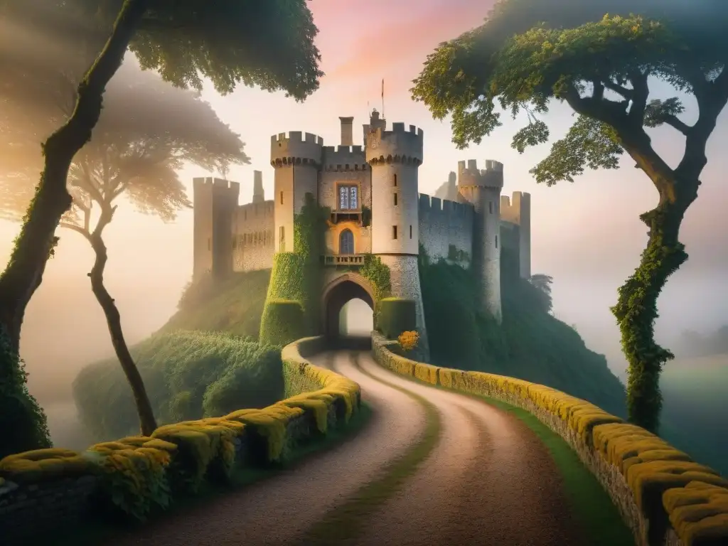 Castillo medieval envuelto en misterio al amanecer Explora la misteriosa historia de un castillo enigmático envuelto en la neblina del amanecer