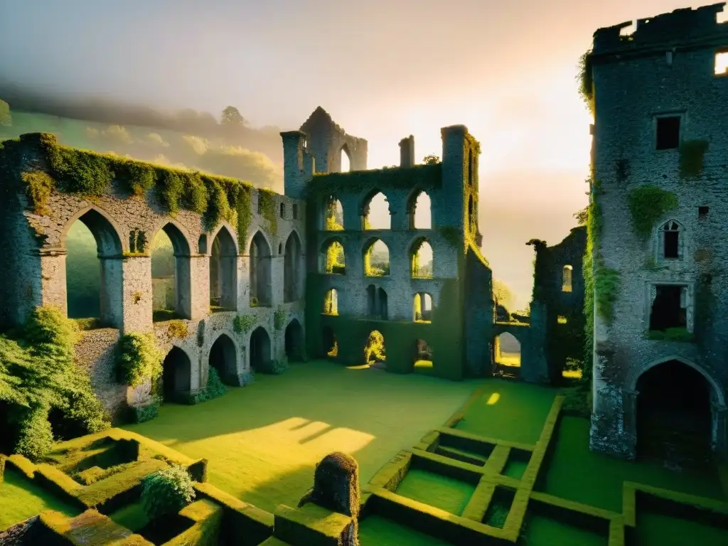 Ruinas de Leap Castle: misterio y belleza en la luz dorada Misteriosa ruina del Castillo Leap en Irlanda, con el sol dorado y niebla, evocando 'Fantasmas en castillos de Irlanda'
