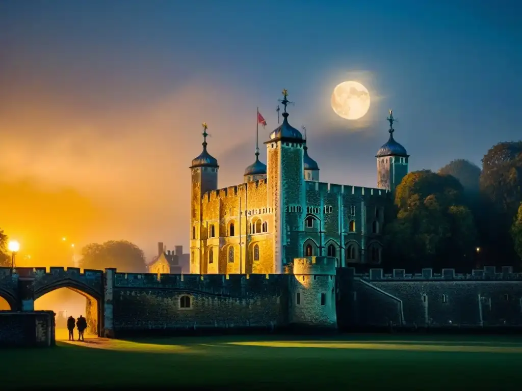 Torre de Londres: Noche embrujada bajo la luna llena Misteriosa torre de Londres embrujada por la noche, envuelta en niebla con la luna llena iluminando su atmósfera fantasmal