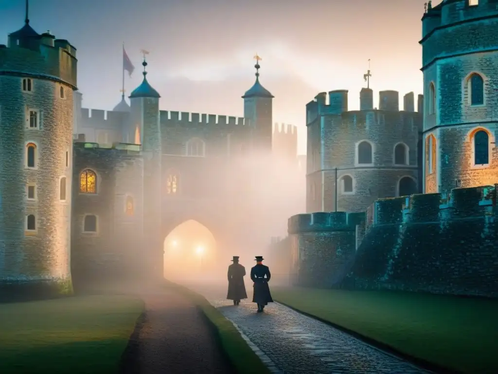 Torre de Londres: Misterio en la niebla al atardecer Una misteriosa torre de Londres envuelta en niebla al anochecer, con cuervos en las murallas, creando un ambiente embrujado