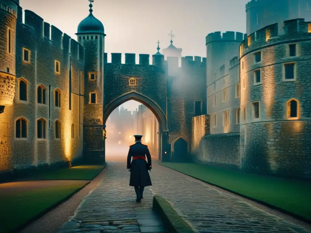 Guardián medieval en la Torre de Londres: Misterio nocturno En la misteriosa Torre de Londres, un guardia medieval camina en la niebla, revelando su espíritu embrujado