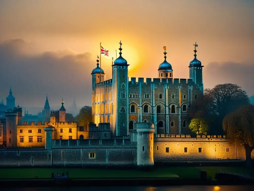 Torre de Londres: misterio y leyendas en la noche La misteriosa Torre de Londres iluminada por la luna en la noche, revelando los misterios y leyendas que la rodean
