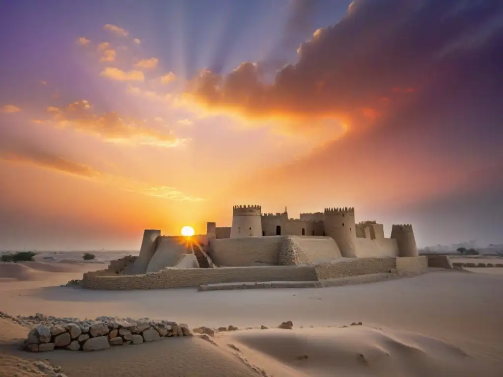 Ruinas ancestrales de Qal'at al-Bahrain al atardecer Las misteriosas Fortalezas del Medio Oriente destacan en el atardecer