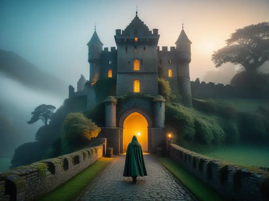 Castillo ancestral en la niebla: misterio y suspenso bajo la luna Un misterioso castillo antiguo envuelto en neblina, con una figura solitaria acercándose a las puertas