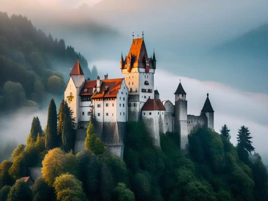 El misterioso Castillo de Bran en Rumania envuelto en niebla al amanecer, realzando su aura encantada