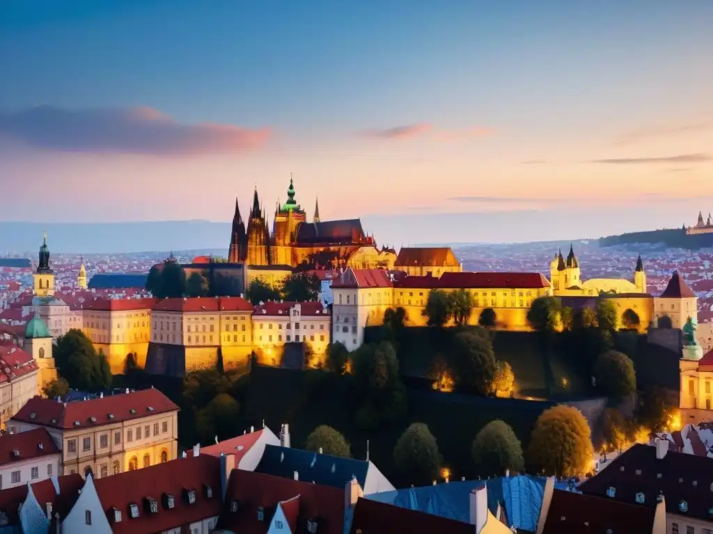 Castillo de Praga al atardecer: majestuosidad dorada sobre la ciudad Misterioso Castillo de Praga iluminado por luces doradas al atardecer, majestuoso y lleno de historia