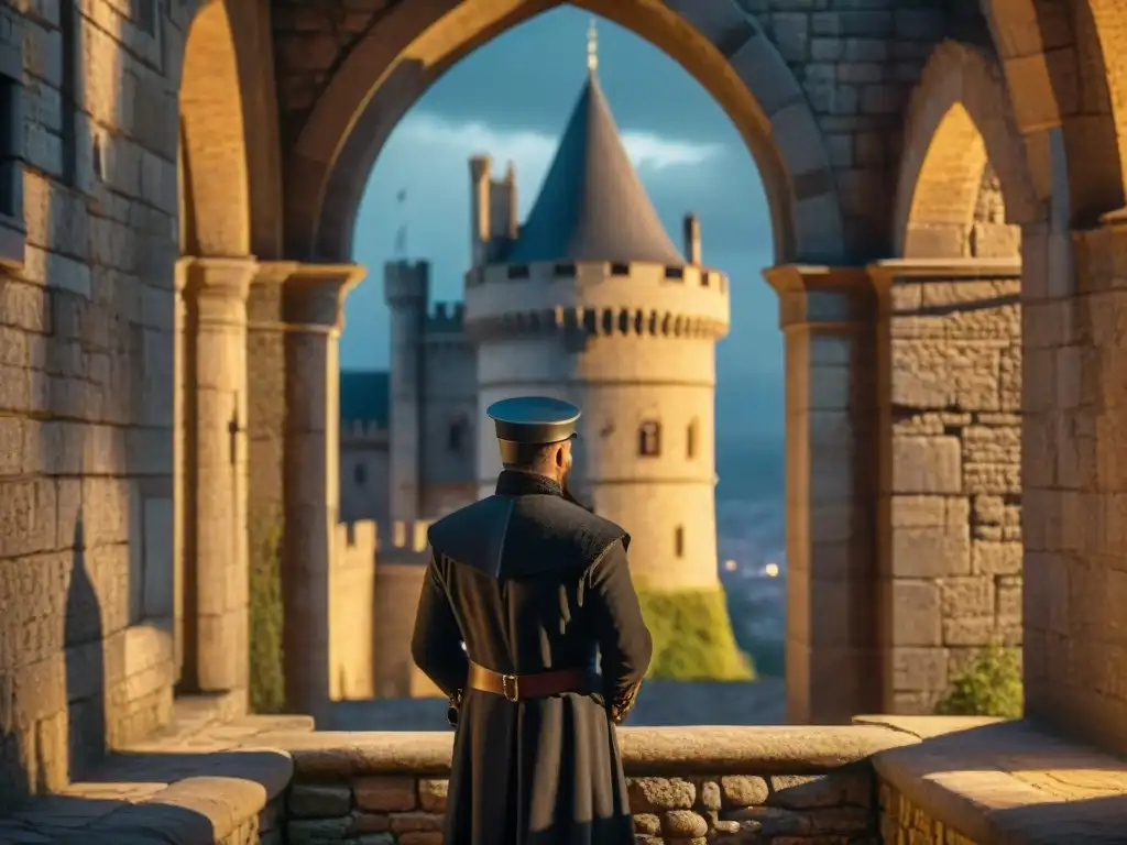 Intriga medieval: figura sombría acecha nobles en castillo Un misterioso espía medieval observando una reunión secreta en un castillo histórico