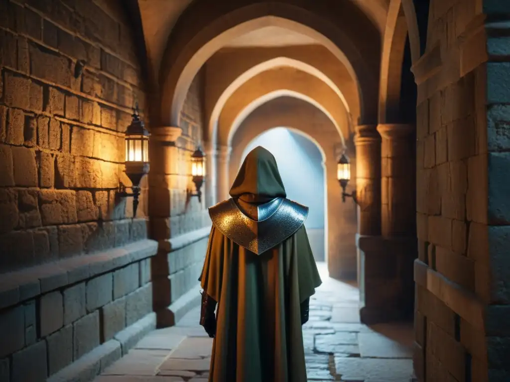 Intrigante figura en la penumbra de un castillo medieval Un misterioso espía se oculta en el pasillo de un castillo medieval, rodeado de sombras y secretos