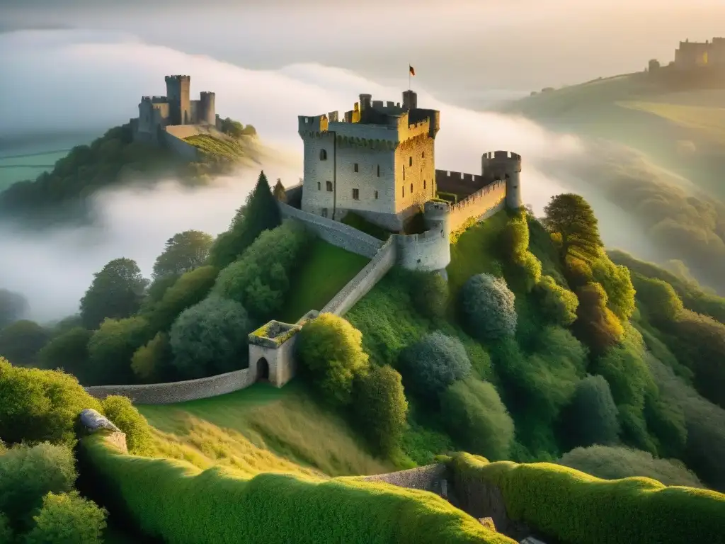 Torre medieval en la niebla: intriga y secretos al amanecer Un misterioso espía en la torre de un castillo medieval, envuelto en niebla al amanecer