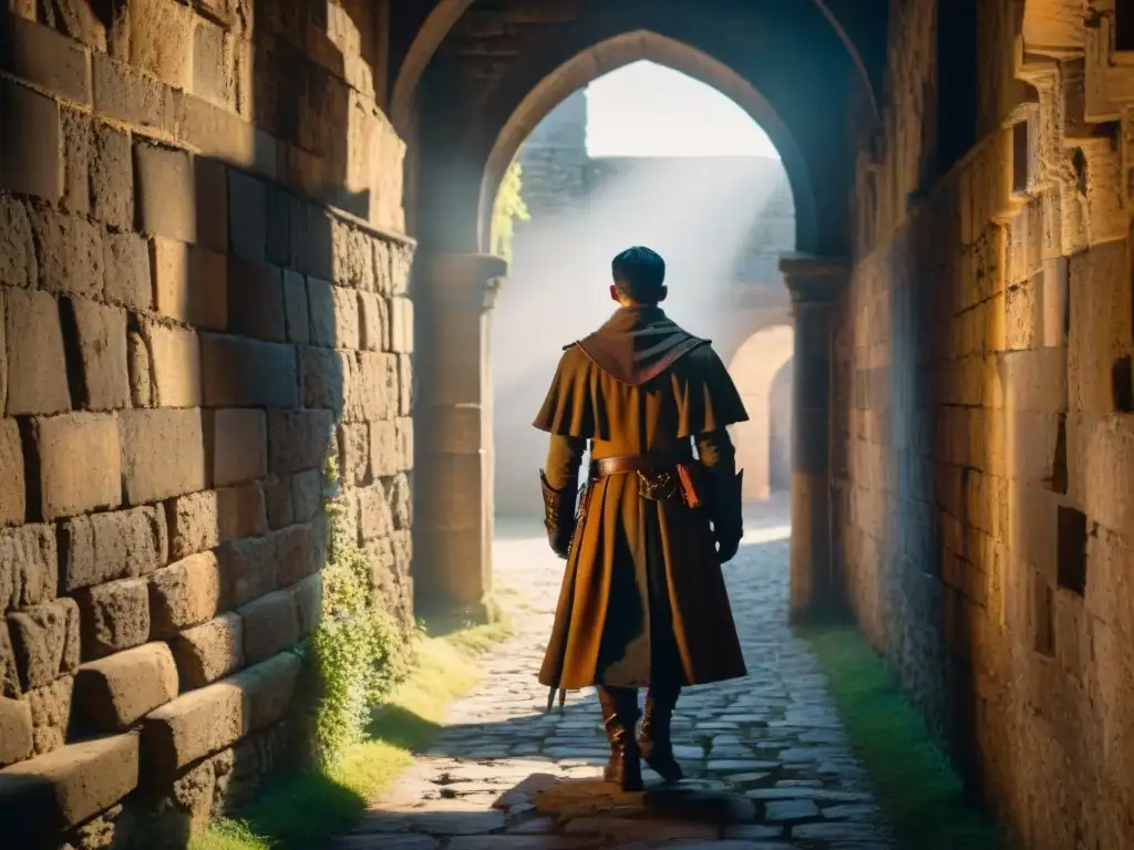 Intrigante espionaje medieval en castillo Un misterioso espía medieval se desplaza sigilosamente por un pasadizo oscuro de un castillo, sosteniendo un pergamino