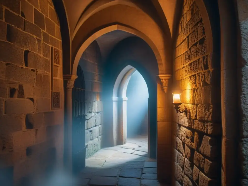 Misterioso pasillo de castillo antiguo con sombras y luz de vela Un misterioso pasillo de castillo antiguo iluminado por velas, ideal para eventos paranormales