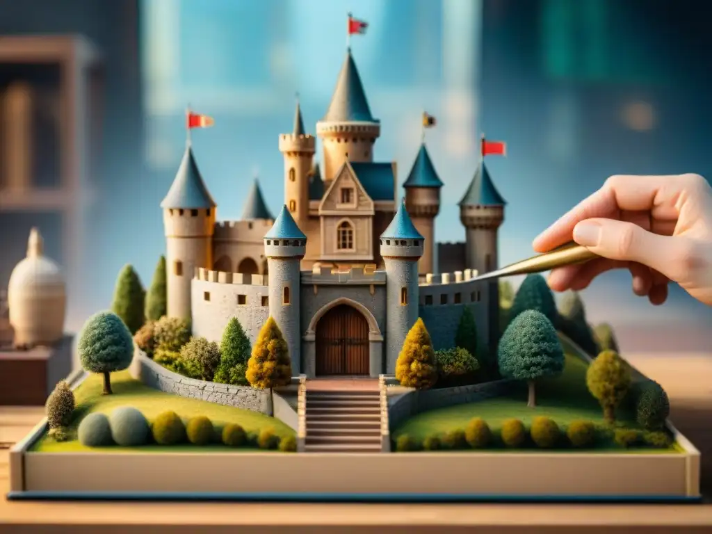 Arte en miniatura: construcción detallada de castillo piedra a piedra Un modelador experto construye un castillo en miniatura con precisión y dedicación
