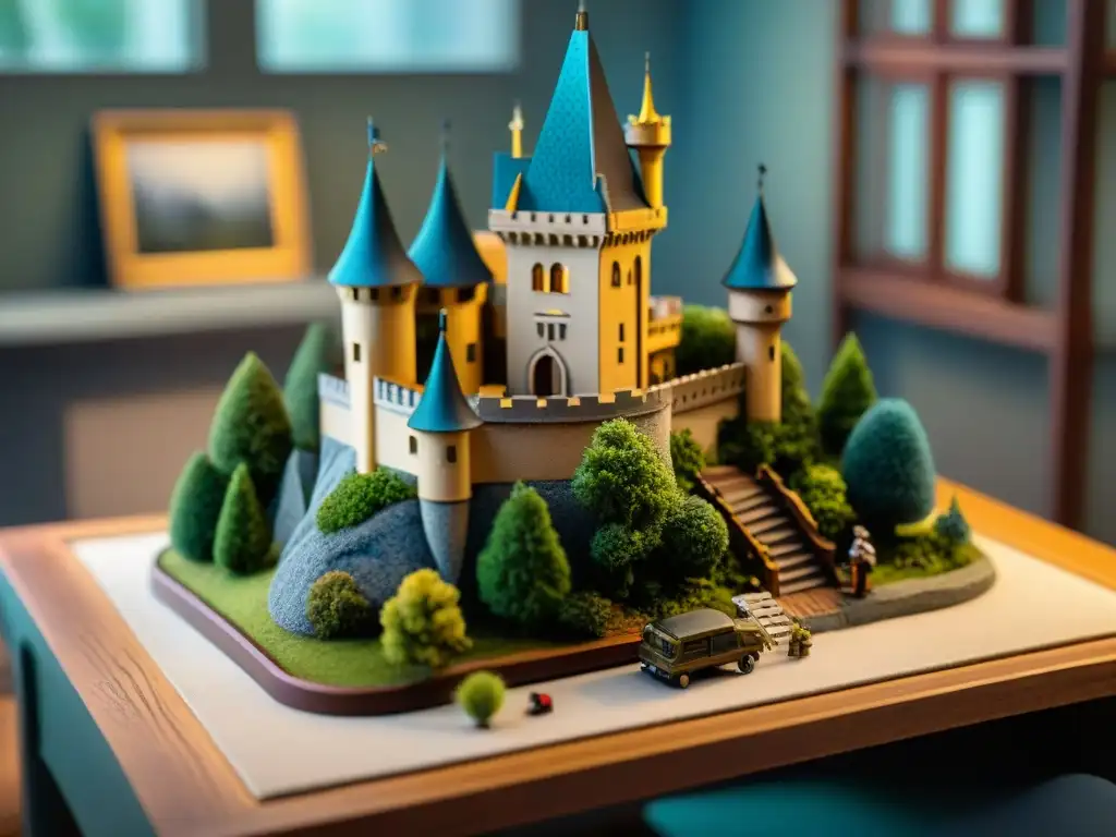 Maquetista experto detalladamente decorando castillo en miniatura Un modelador experto construyendo castillos en miniatura con herramientas diminutas