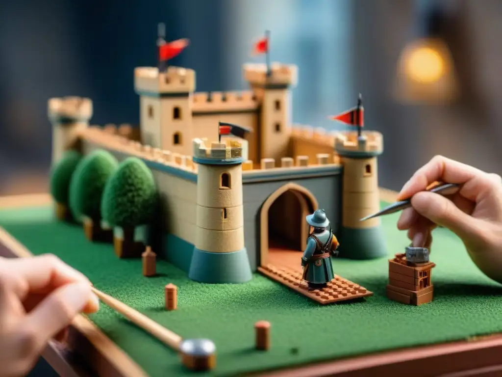 Construcción minuciosa de castillo en miniatura: detalle y destreza Un modelador experto construyendo castillos en miniatura con ladrillos diminutos y herramientas precisas