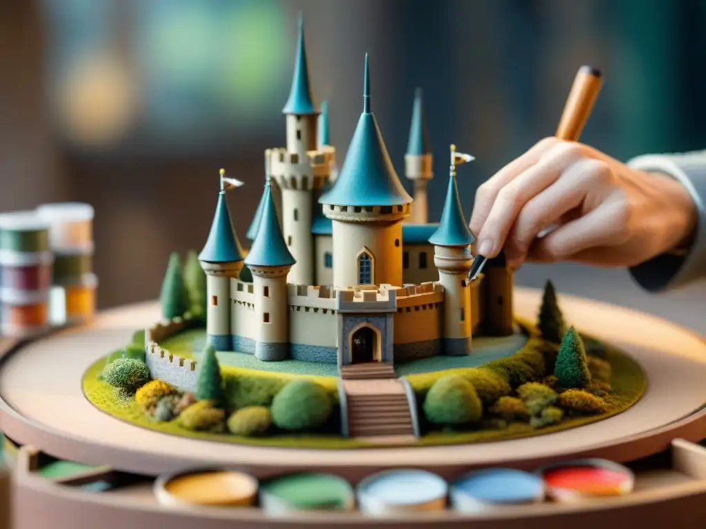 Arte en miniatura: Creación detallada de un castillo Un modelista experto construyendo castillos en miniatura con precisión y dedicación