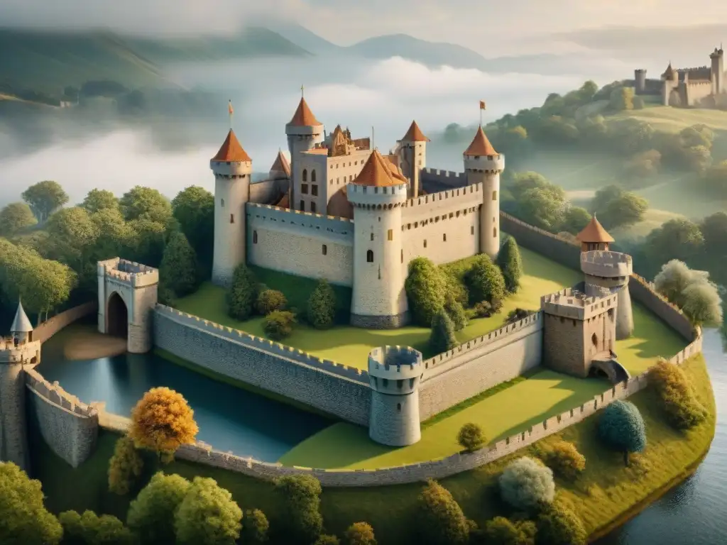 Castillo medieval detallado: defensa, arquitectura y paisaje Modelo detallado de castillo medieval con soldados, caballos y murallas