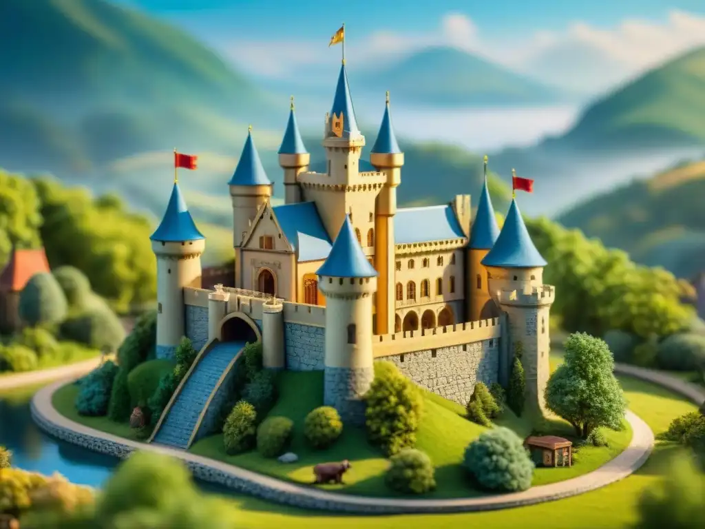 Castillo medieval en miniatura: detalle y arte en 8k Modelo detallado de castillo medieval rodeado de naturaleza y figurillas, destacando artesanía