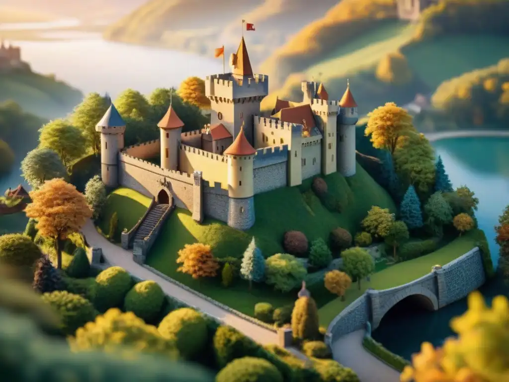 Castillo medieval en miniatura al atardecer Modelo detallado de castillo medieval en atardecer dorado con figuras de caballeros y aldeanos