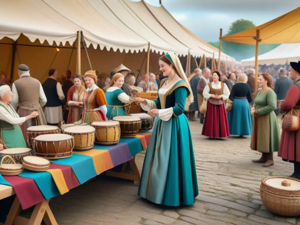 Escena vibrante de feria medieval: mujeres en acción Mujeres en ferias medievales tejiendo, comerciando y entreteniendo en escena detallada y animada